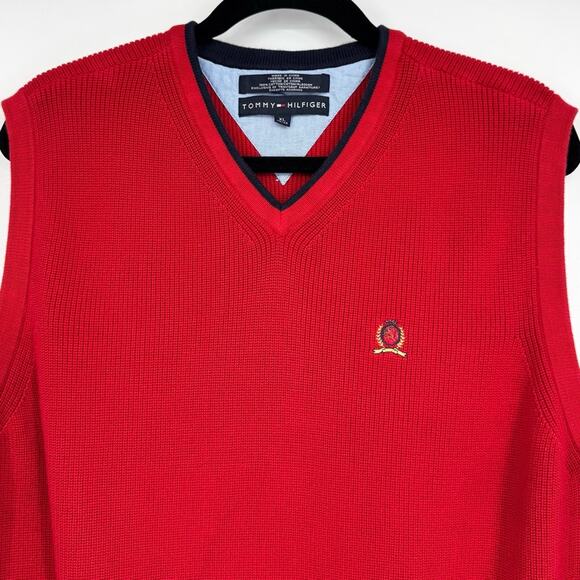Vintage Tommy Hilfiger Men's Red Sweater Vest XL - Picture 2 of 7